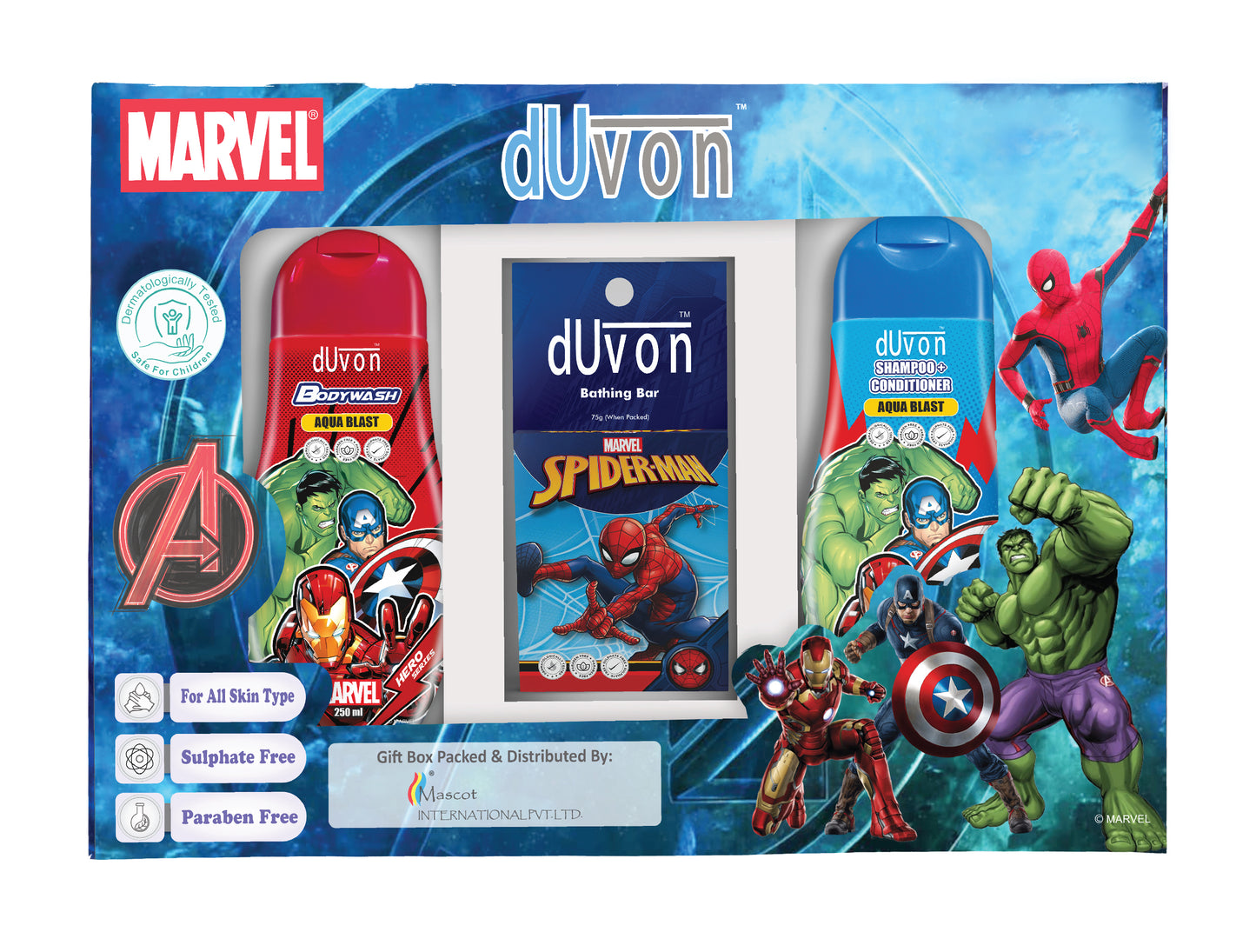 Duvon Marvel Gift Box - Aqua Blast Bodywash, Spiderman Bathing Bar & Shampoo + Conditioner (Pack of 3)