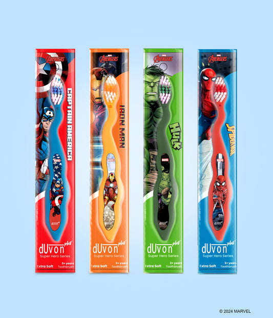 Duvon Plus Avengers Superheros Toothbrush Series Pack of 4 - Captain America, Spiderman, Hulk and Iron Man