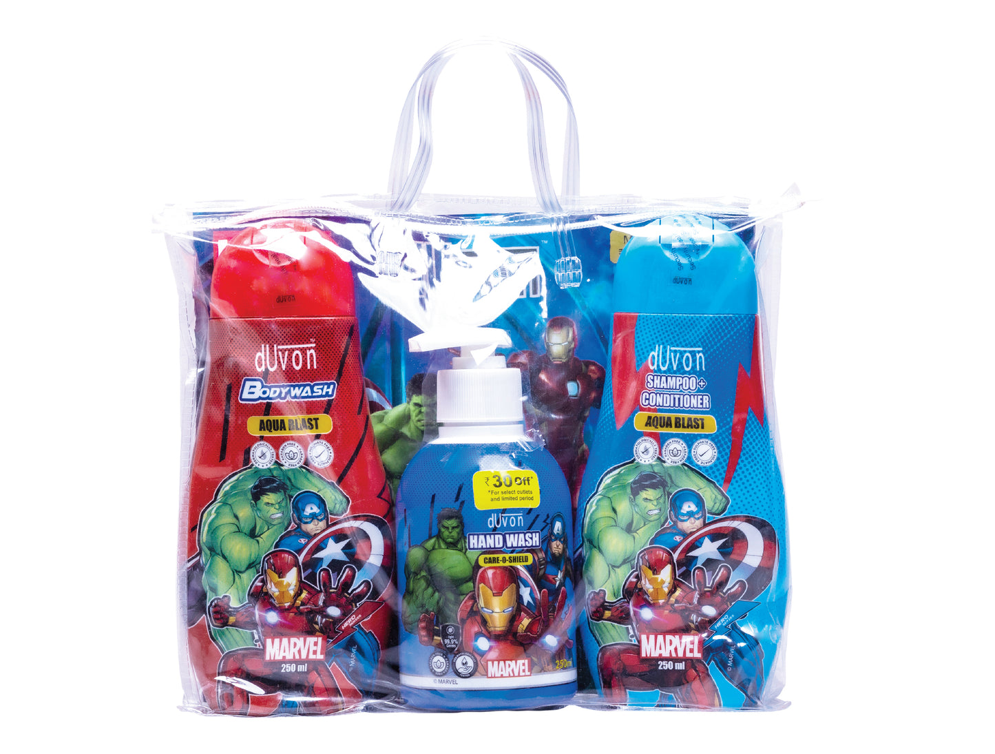 DUVON Marvel Gift bag Aqua Blast- Handwash, Bodywash, Shampoo+ conditioner (Pack of 3)