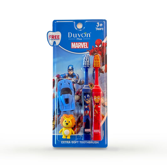 Duvon Plus x Marvel Toothbrush Set | Captain America and Iron Man | 2 Brushes + 2 Fun Erasers Free