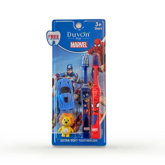 Duvon Plus x Marvel Toothbrush Set | Captain America and Spiderman | 2 Brushes + 2 Fun Erasers Free