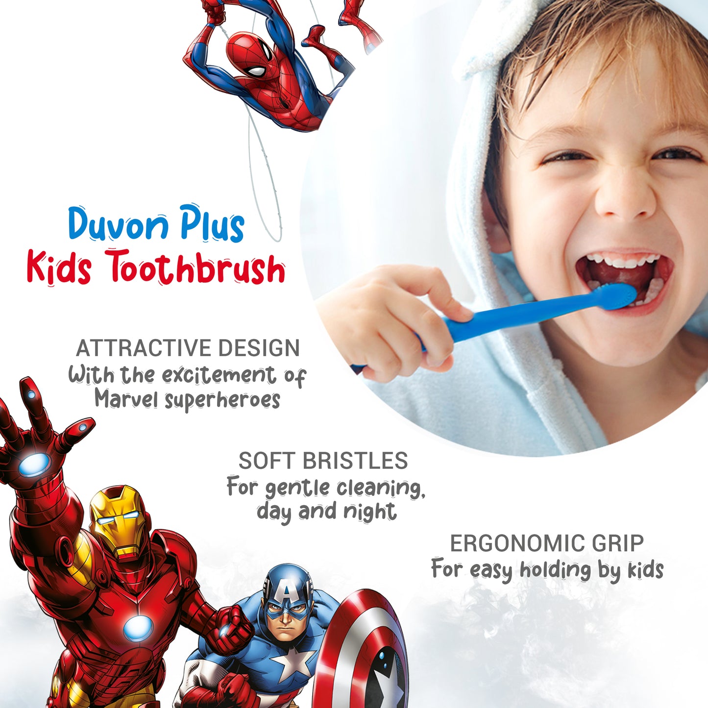 Duvon Plus x Marvel Toothbrush Set | Captain America and Spiderman | 2 Brushes + 2 Fun Erasers Free