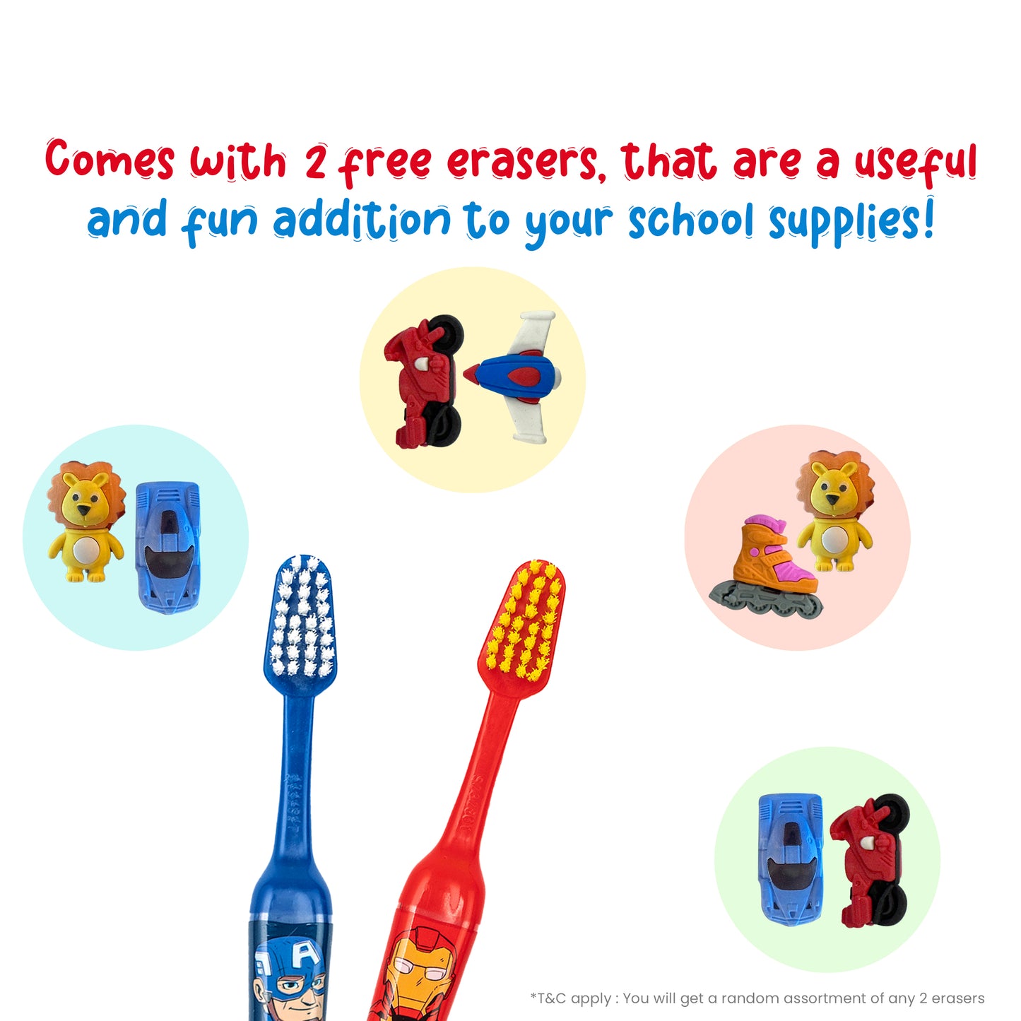 Duvon Plus x Marvel Toothbrush Set | Captain America and Iron Man | 2 Brushes + 2 Fun Erasers Free