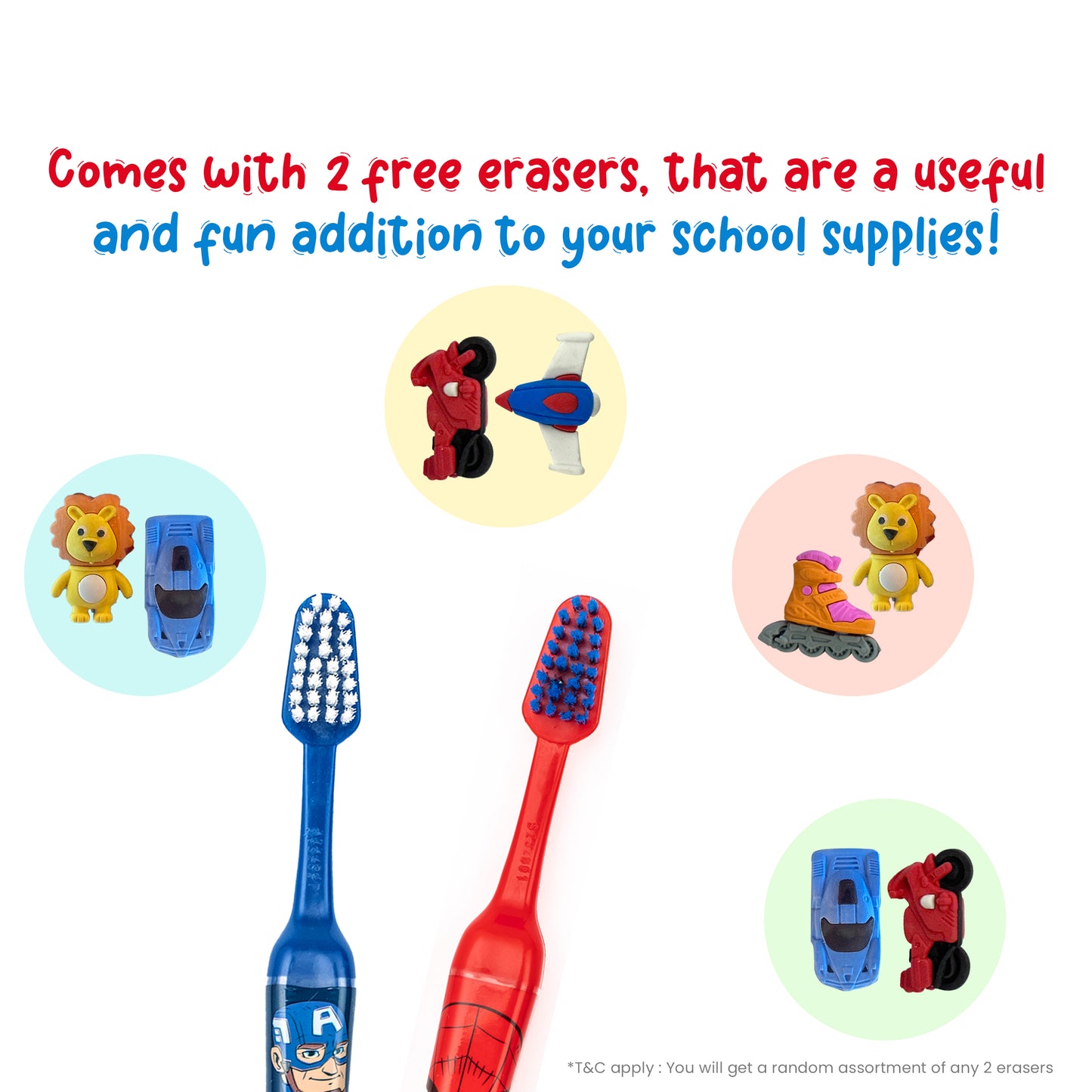 Duvon Plus x Marvel Toothbrush Set | Captain America and Spiderman | 2 Brushes + 2 Fun Erasers Free