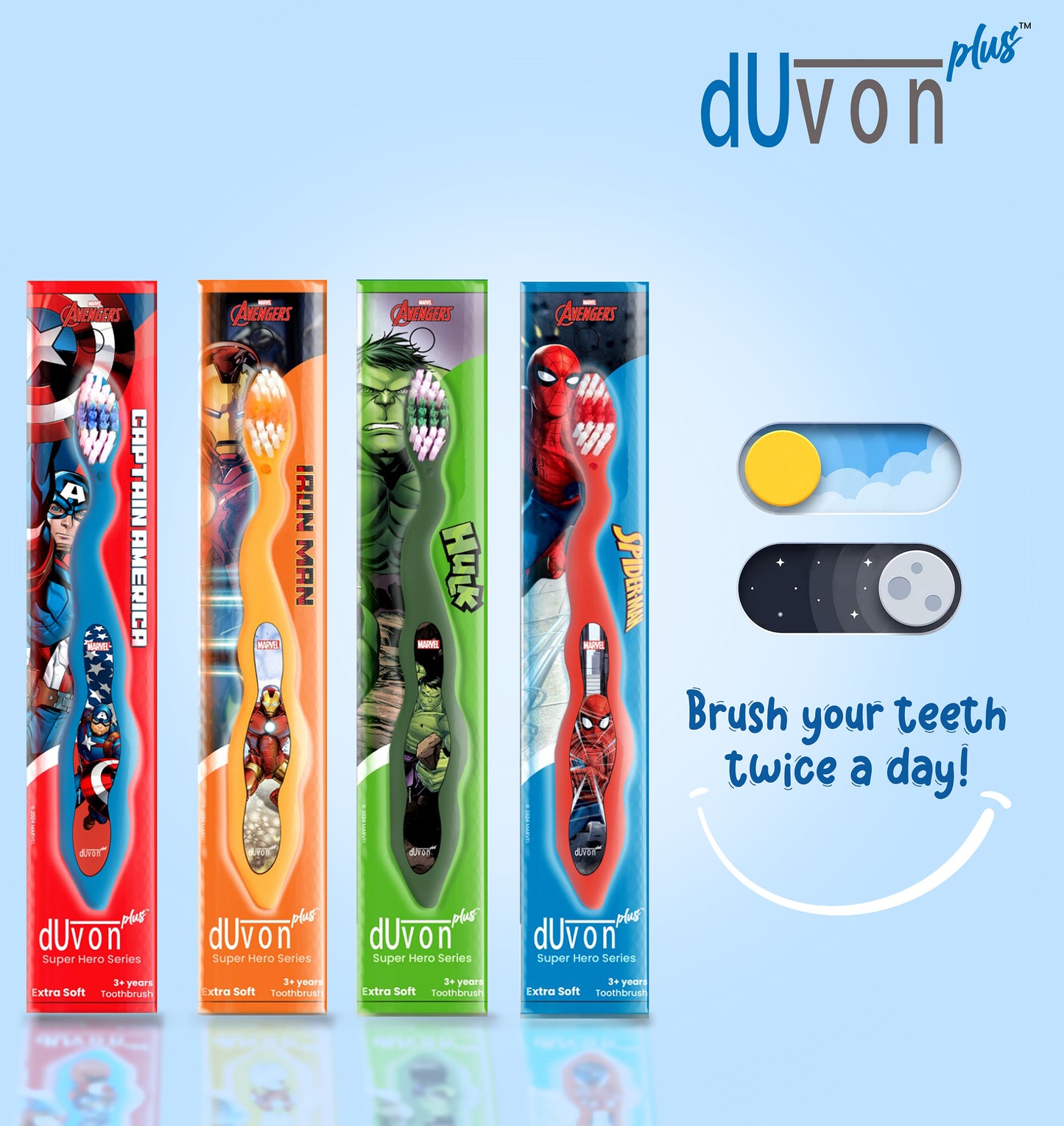 Duvon Plus Avengers Superheros Toothbrush Series Pack of 4 - Captain America, Spiderman, Hulk and Iron Man