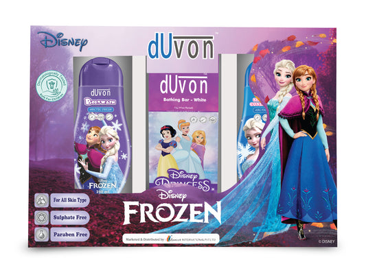 Duvon Disney Frozen Delights: Bodywash, Bathing Bar, Shampoo + Conditioner (Gift Box of 3)