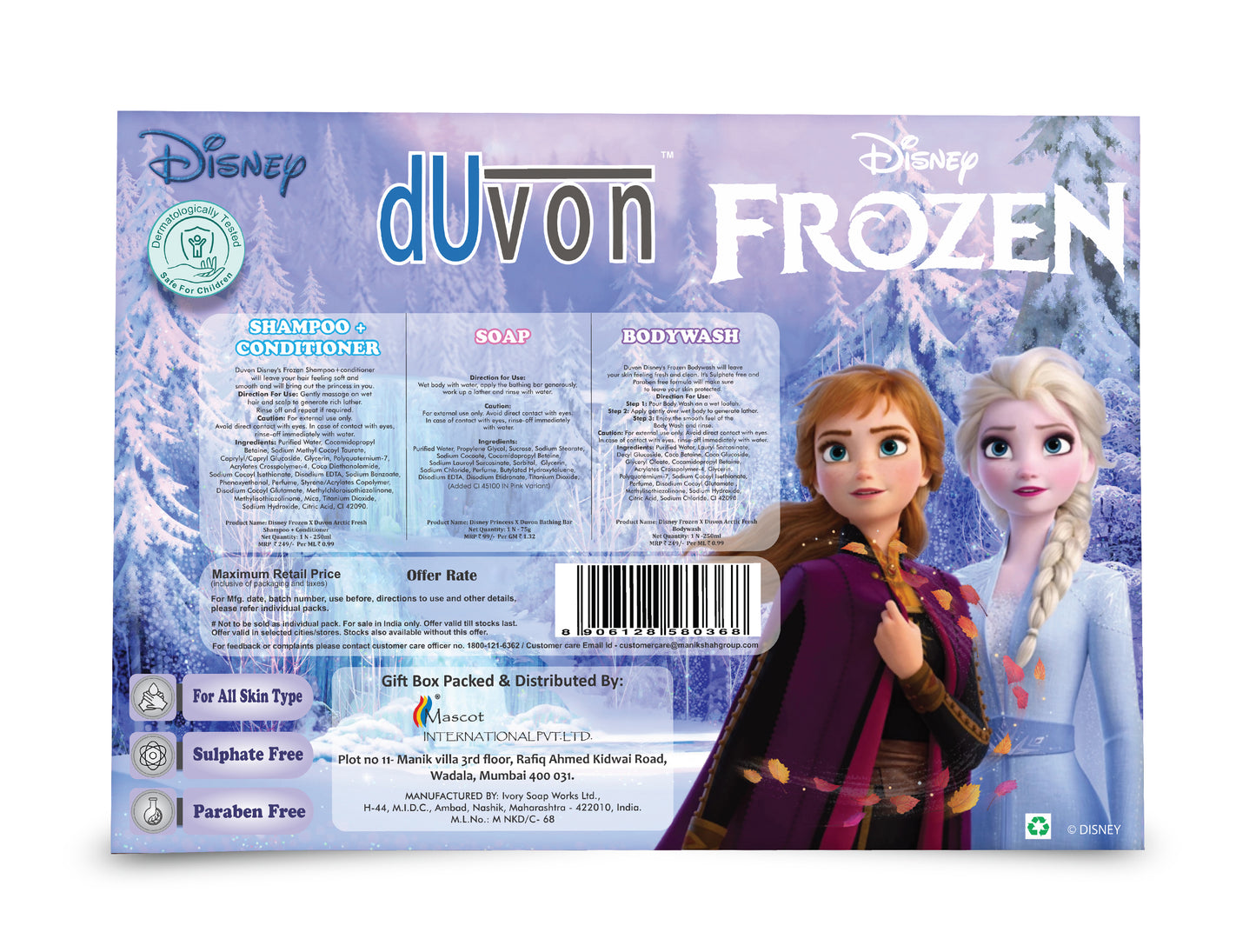 Duvon Disney Frozen Delights: Bodywash, Bathing Bar, Shampoo + Conditioner (Gift Box of 3)