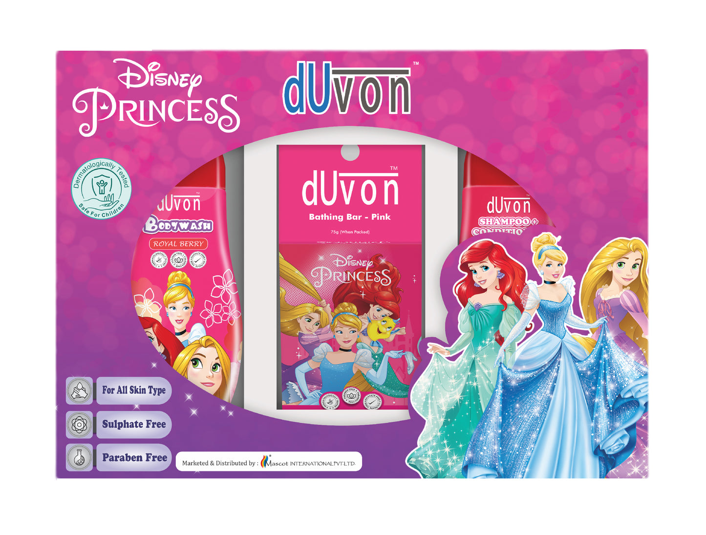 Duvon Disney Princess Royal Berry Gift Pack - Bodywash, Bathing Bar & Shampoo + Conditioner  